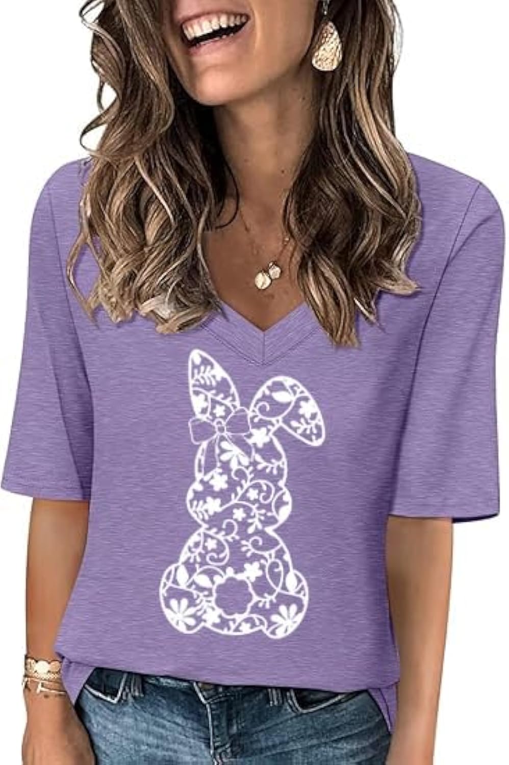 Half Sleeve V Neck Shirts for Women Cute Bunny Graphic Spring Casual T-Shirts Easter Tops Festival Party Tee