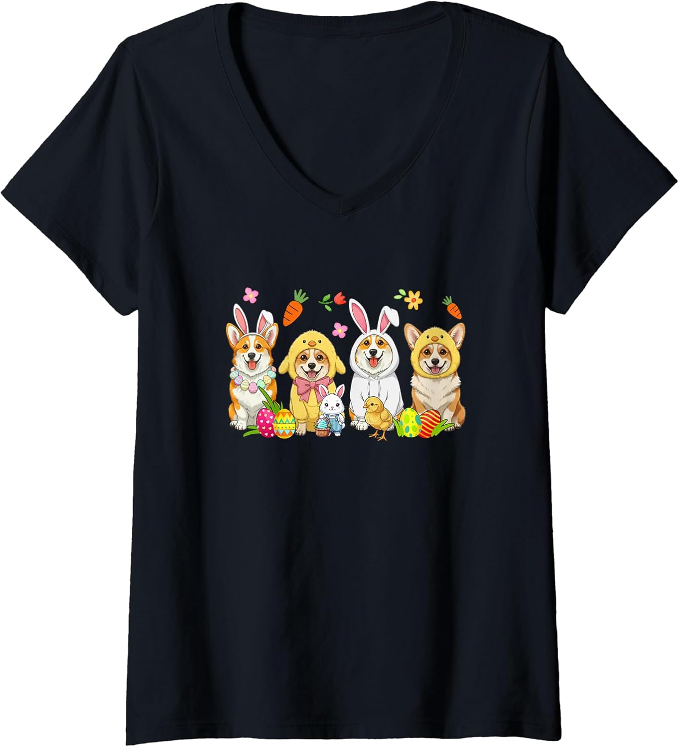 Women's Easter Group Corgis Cosplay Bunny Chick Hunting Eggs V-Neck T-Shirt