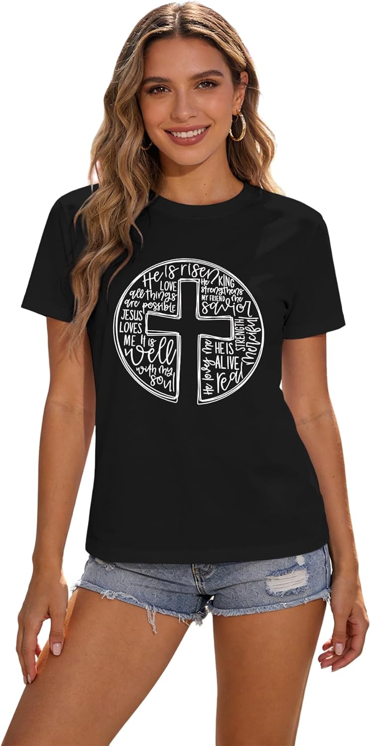 Easter Shirts for Women He is Risen Jesus Christian T-Shirt Short Sleeve Bunny Glasses Print Tee Tops