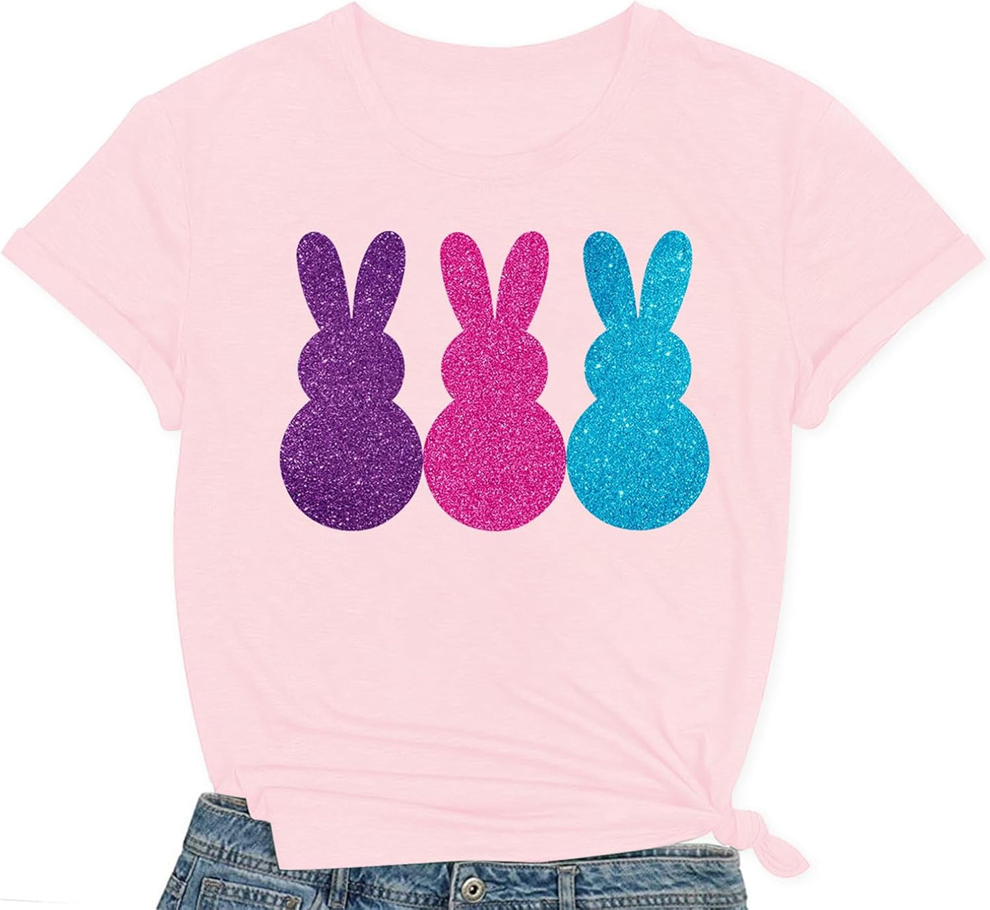 Easter Shirts for Women Happy Easter Bunny T Shirt Sequin Rabbit Print Tee Tops