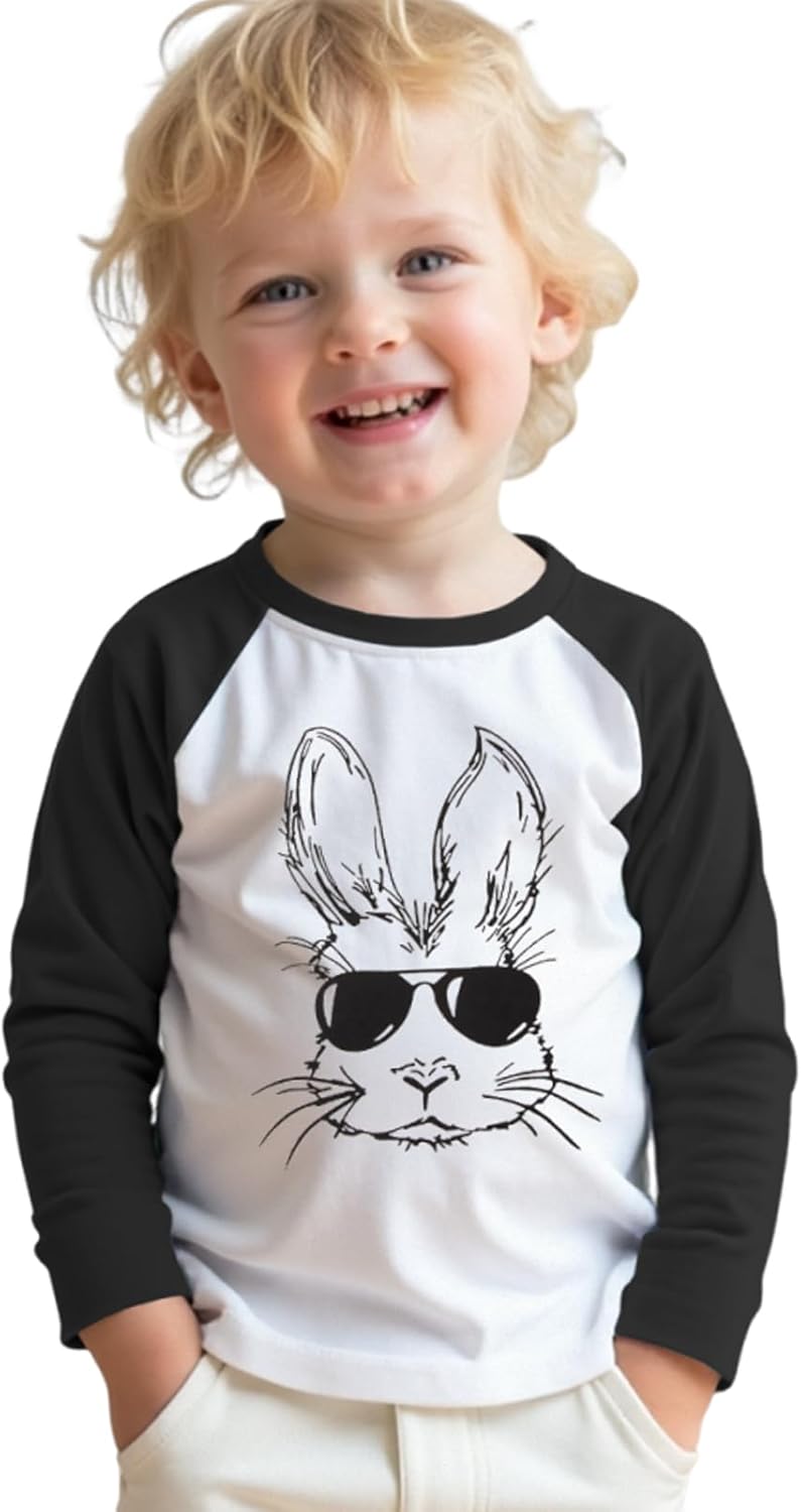 Easter Bunny T-Shirt for Toddler Boys Sunglasses Rabbit Shirts Raglan Sleeve Funny Graphic Tees Tops 1-6 Years