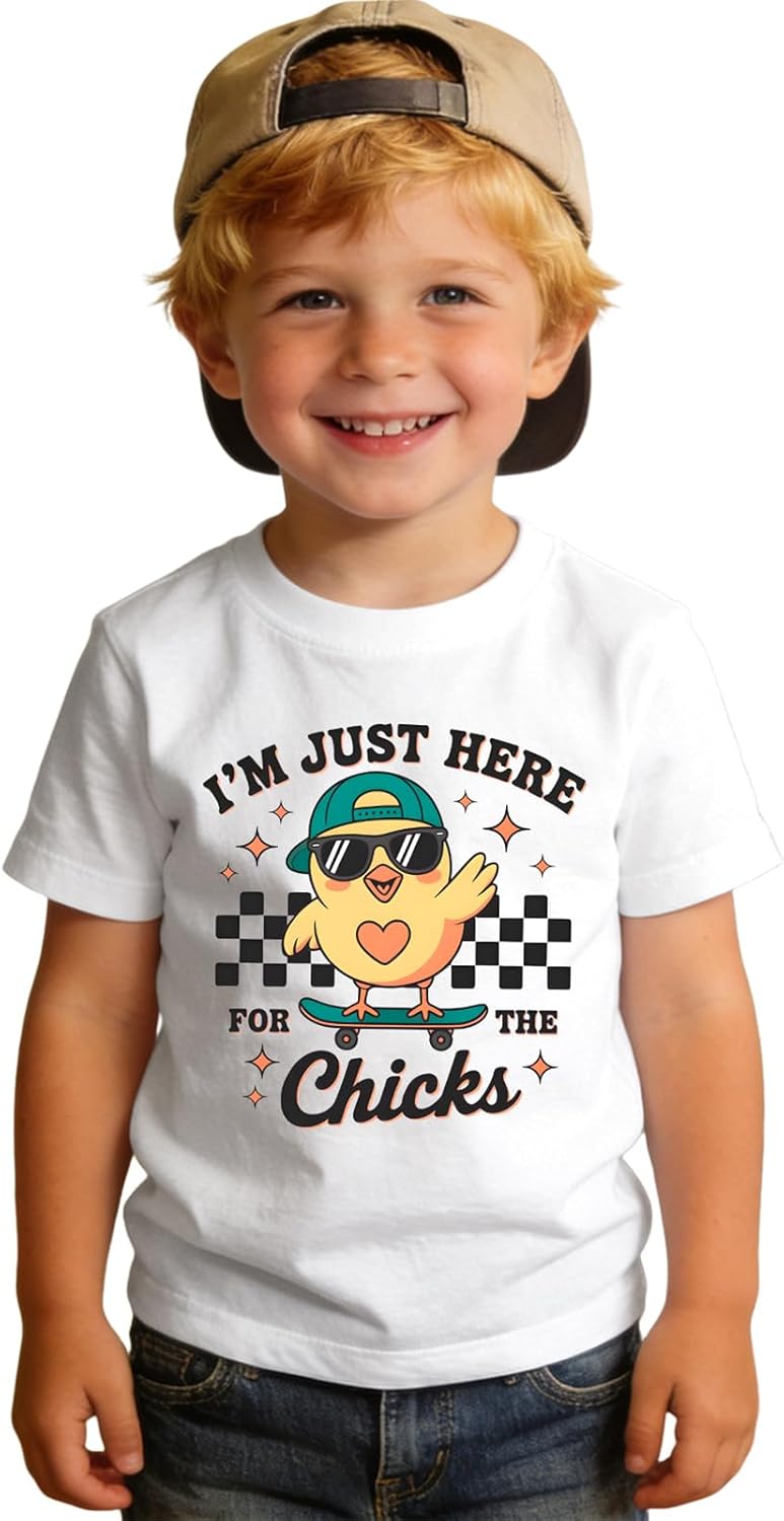 Toddler Boys Easter T-Shirts Baby I'm Just Here for The Chicks Shirts Summer Tees Egg Hunt Outfit Short Sleeve Tops