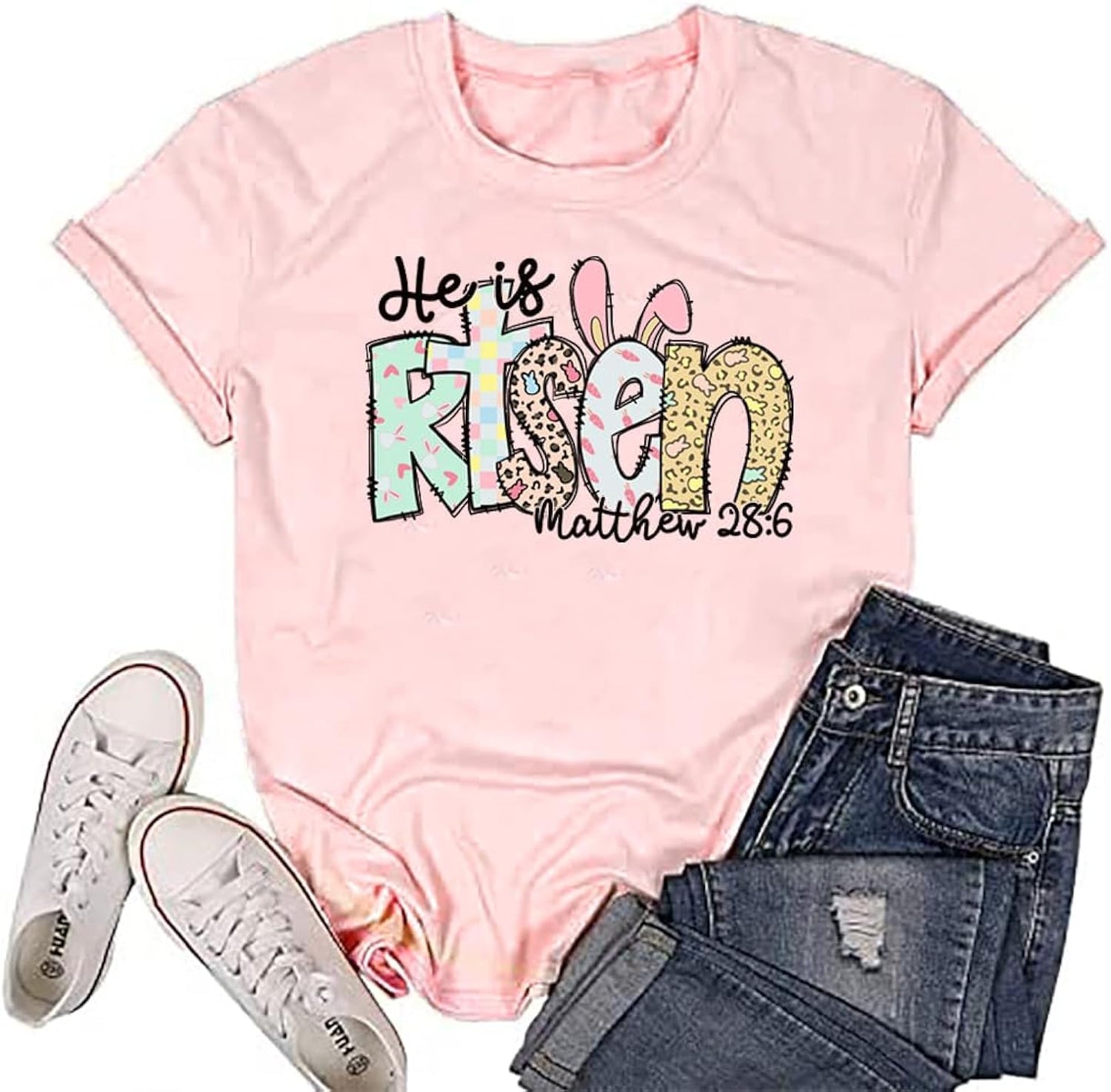 Women Easter Christian Shirt He is Risen Religious Bible Verse Tee Easter Bunny Tops Faith Jesus Short Sleeve Shirt