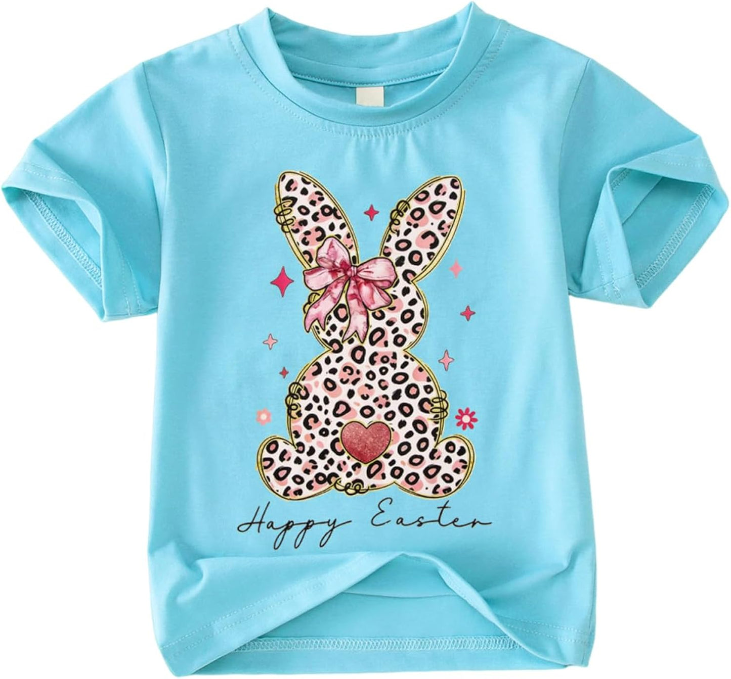 Easter Bunny T-Shirt Toddler Girls Cute Leopard Print Rabbit Shirt for Kids Funny Bow Short Sleeve Graphic Tee Tops