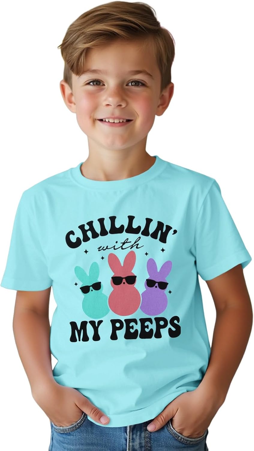 Boy Easter Shirt Funny Chillin with My Peeps T-Shirt Bunny Sunglasses Graphic Short Sleeve Tee Tops