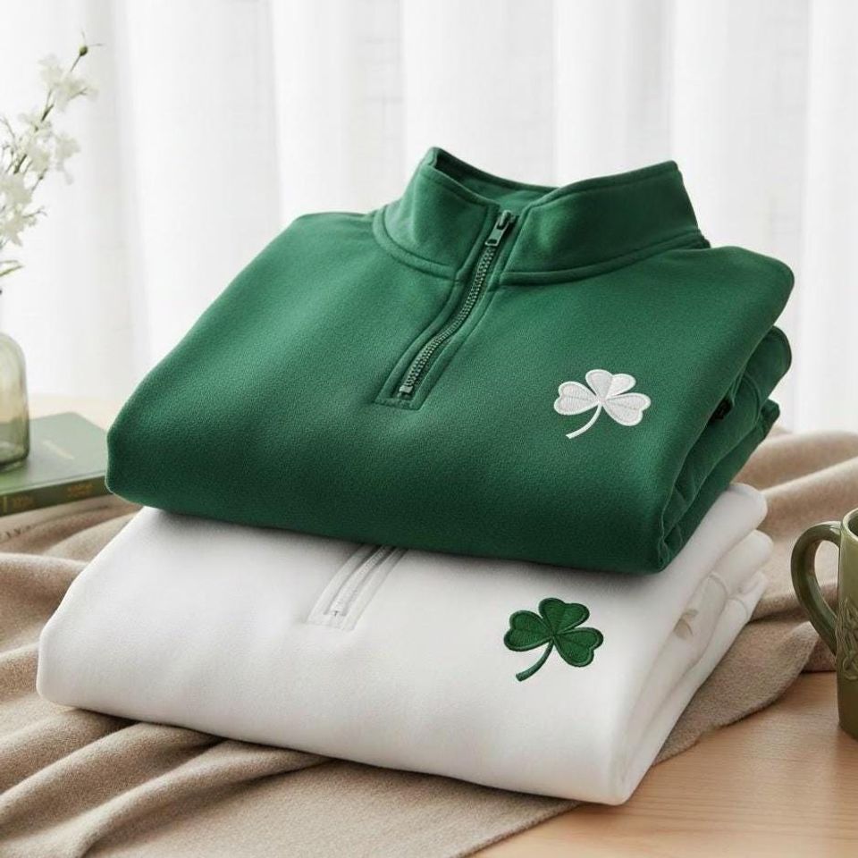 Embroidered Clover Quarter Zip Sweatshirt, St Patricks Day Irish Shirt, Lucky Shamrock Design