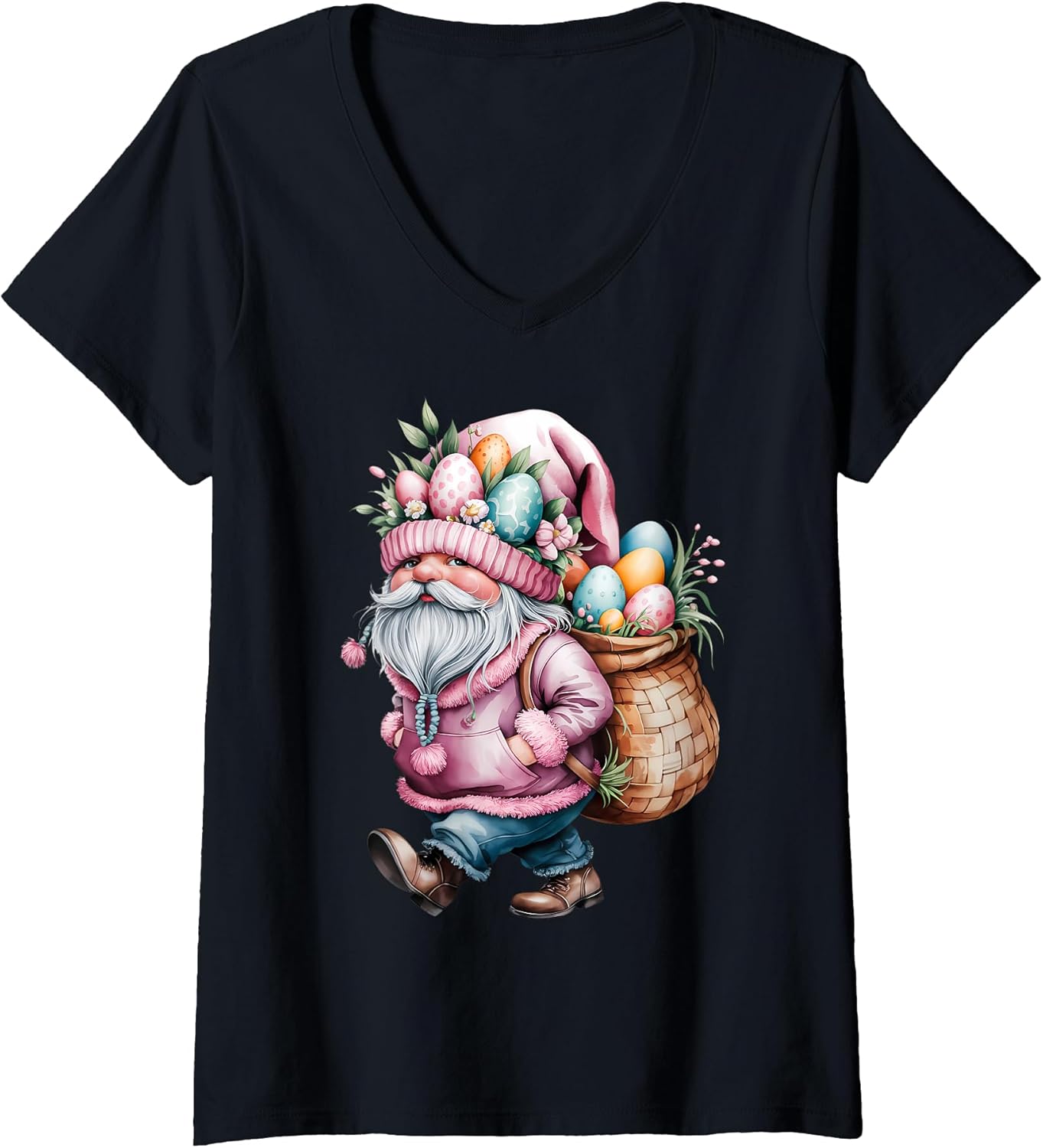 Womens Easter Gnome with Basket of Eggs - Pastel Watercolor V-Neck T-Shirt