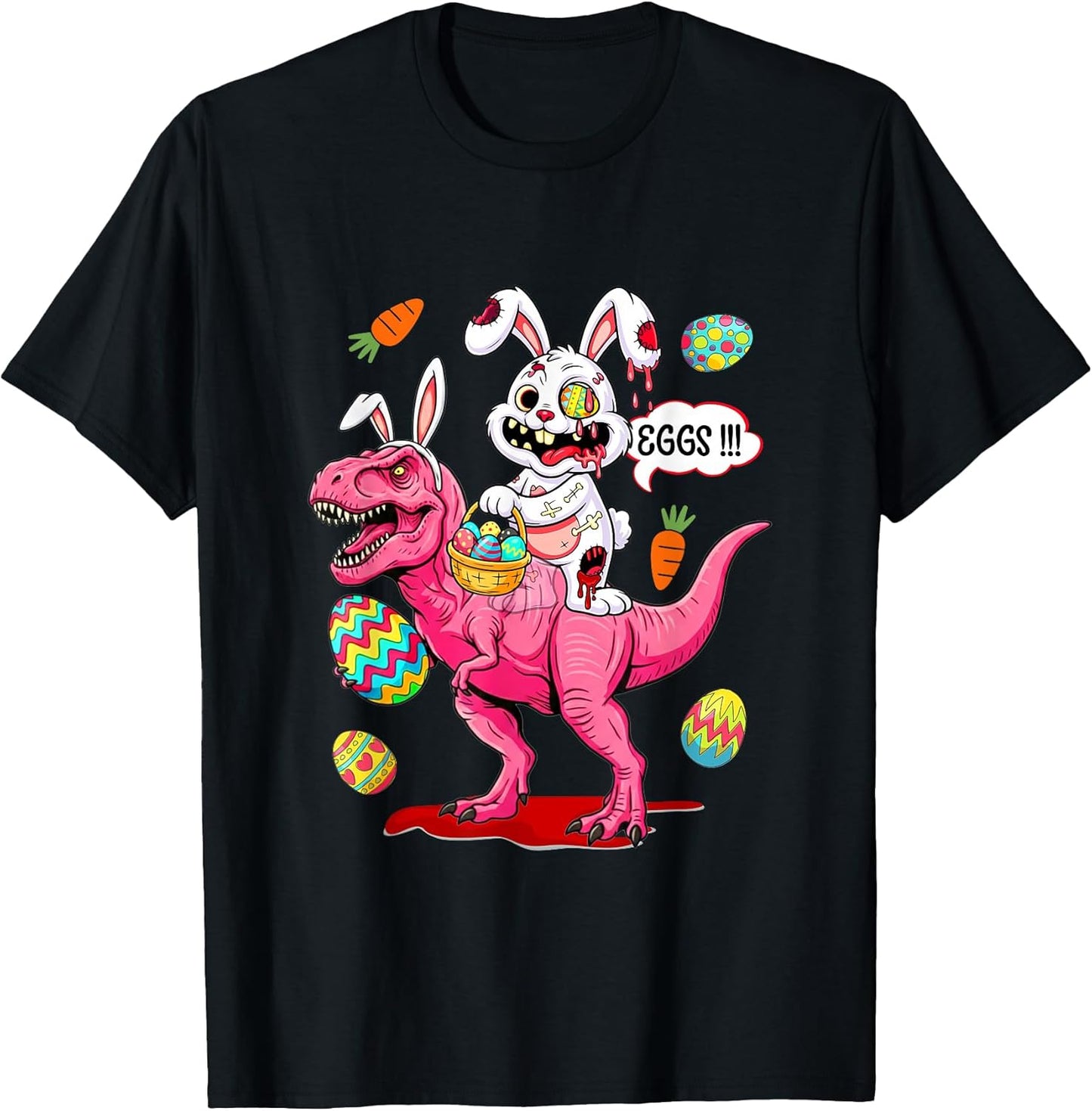 Easter Horror Bunny As Zombie On T-rex Hunting Colorful Eggs T-Shirt