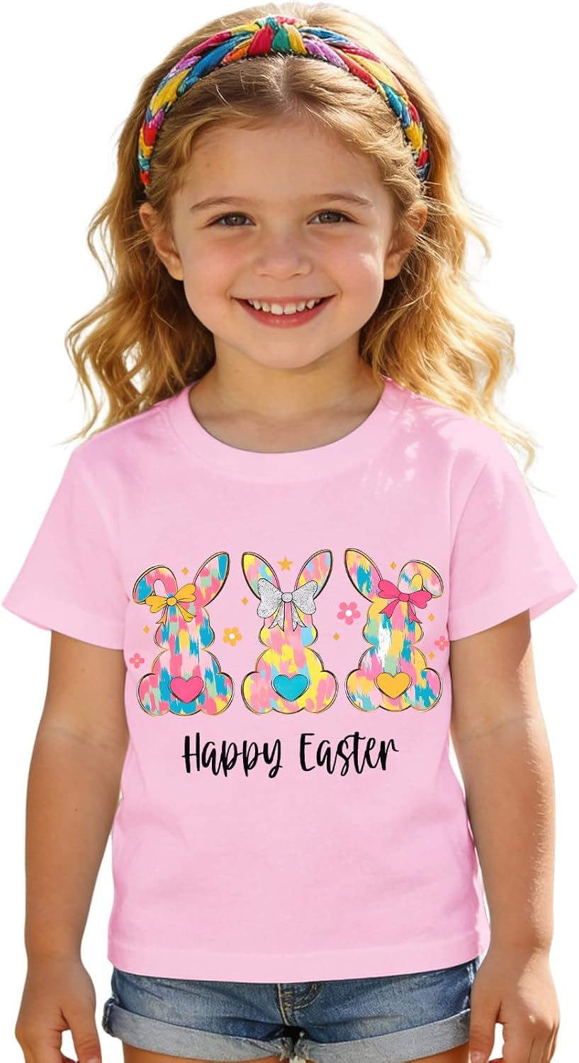 Easter T-Shirt for Toddler Girls Colorful Bow Bunny T-Shirt Baby Happy Easter Outfit Short Sleeve Tee Egg Hunt Tops