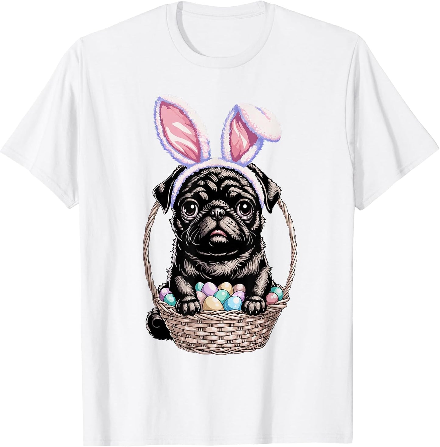 Black Pug with Bunny Ears Cute Colorful Easter Egg Basket T-Shirt