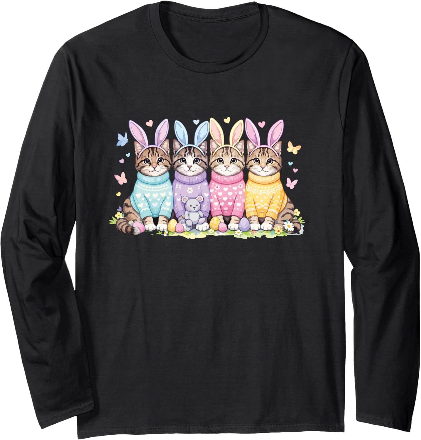 Easter Cats in Bunny Ears Cute Pastel Sweaters Spring Long Sleeve T-Shirt