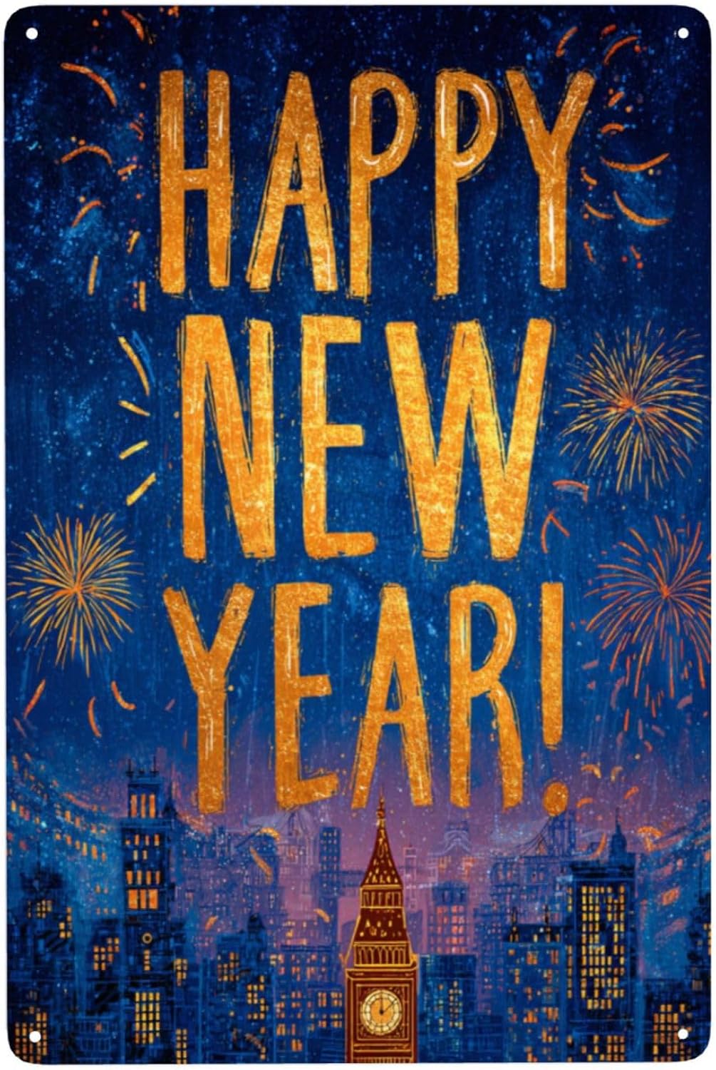 Happy New Year City Fireworks Print Wall Art,Metal Tin Signs Plaque Decorations Poster,Ideal For Holiday Hosts & Cityscape Lovers,Hang In Living Room Bar Cafe Party Home Decor 5.5x8inch