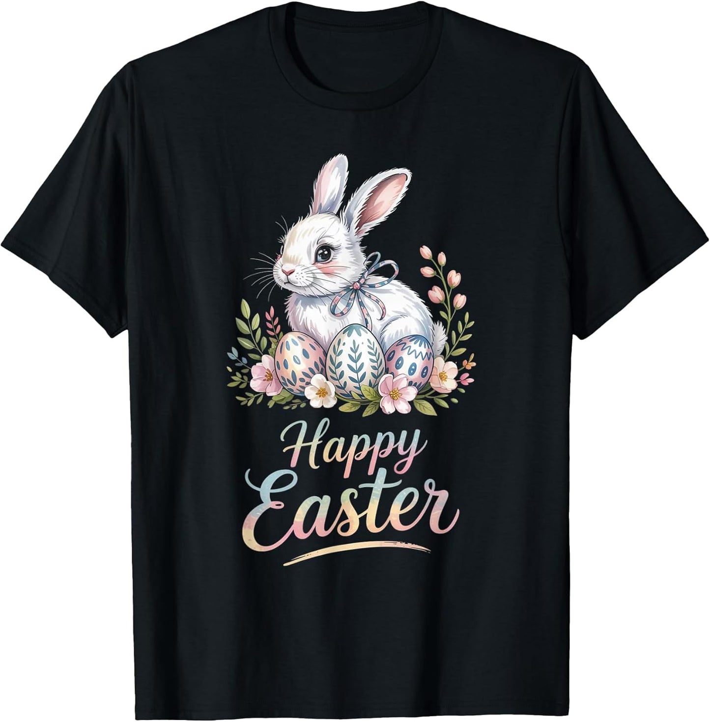 Happy Easter Bunny with Floral Eggs Holiday Men Women T-Shirt