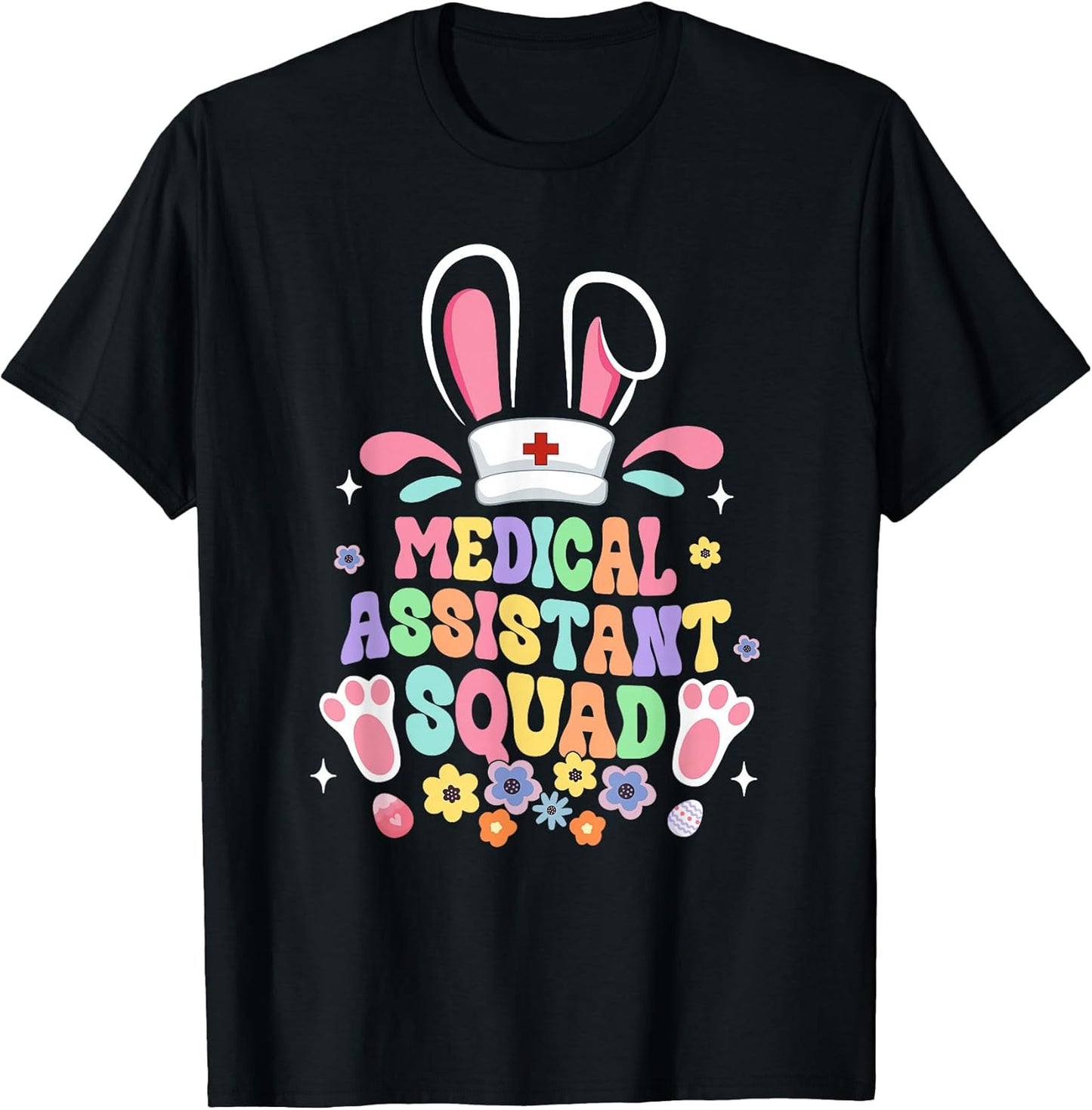 Retro Groovy Medical Assistant Squad Bunny Ear Flower Easter T-Shirt