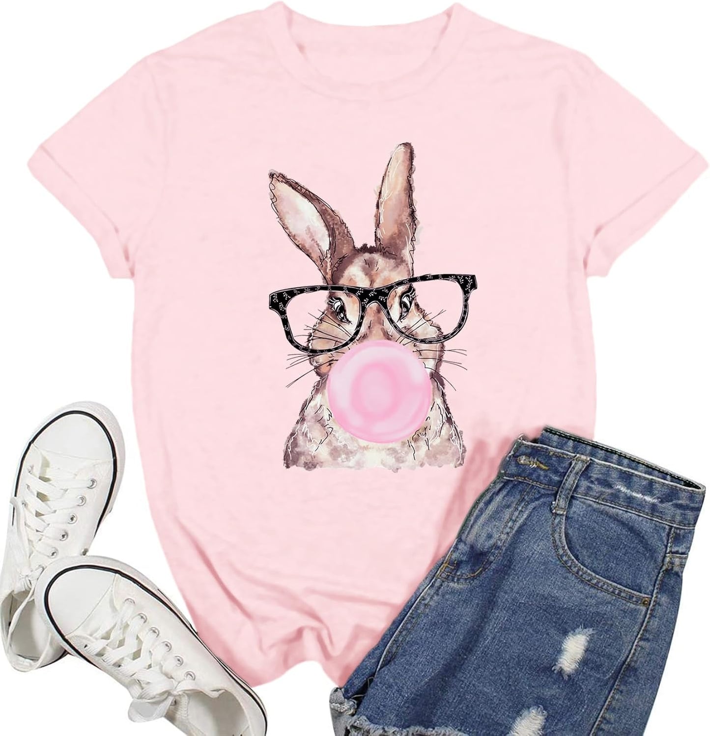 Happy Easter Shirts for Women Bunny with Leopard Glasses T-Shirt Floral Rabbit Tee Tops