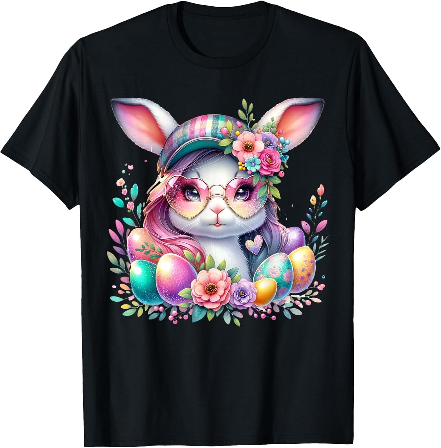 Cute Bunny With Heart Glasses And Easter Eggs T-Shirt