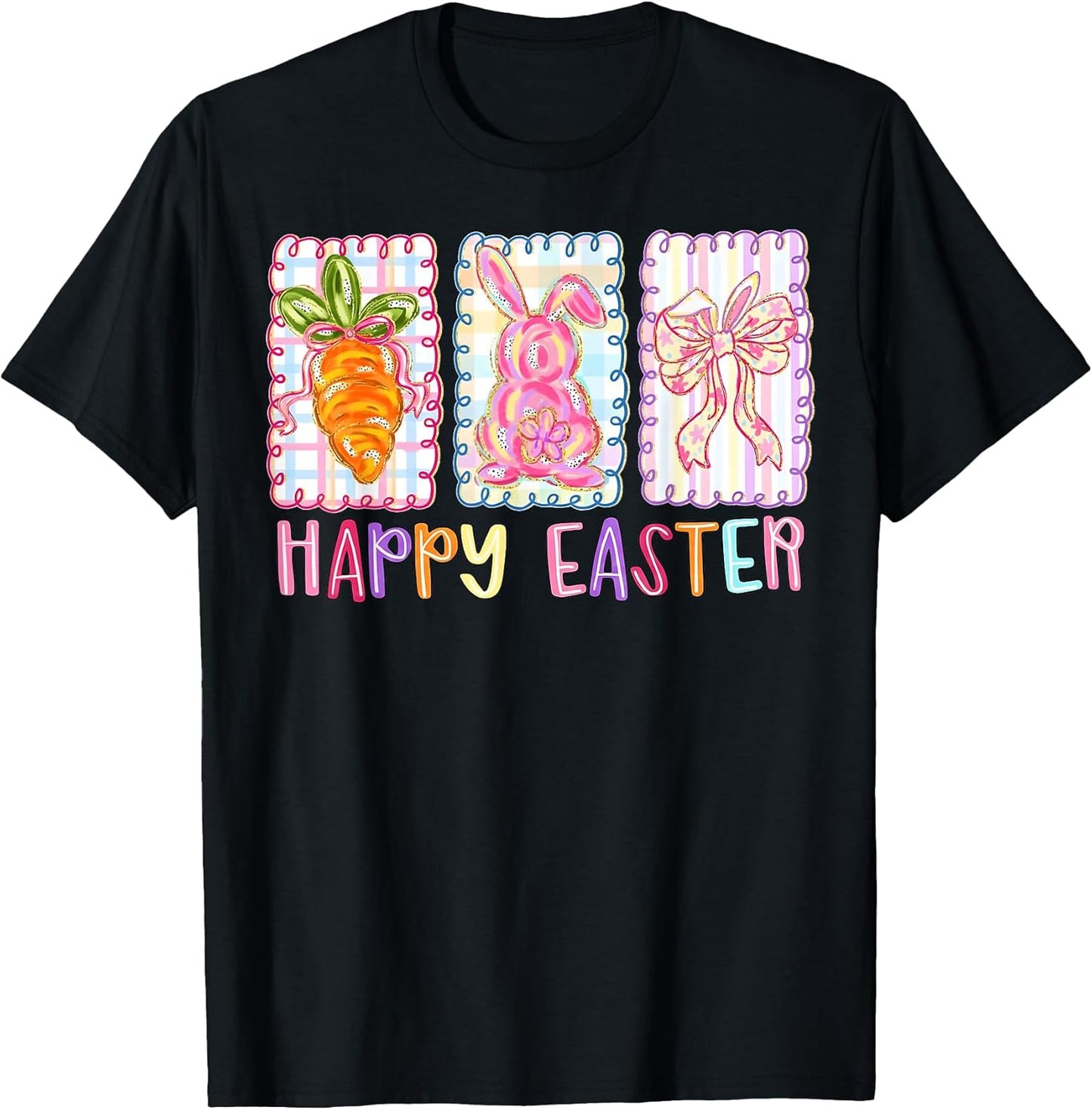Happy Easter Brushstroke Bunny Carrot Coquette Bow Girl Kid T-Shirt