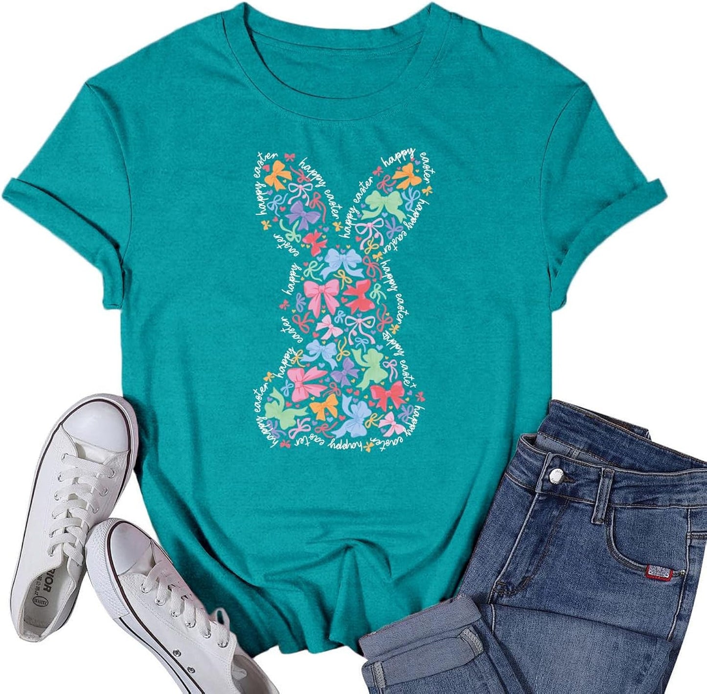 Women's Happy Easter Shirt Easter Day Bunny Bow T-Shirts Christian Rabbit Jesus Tee Tops