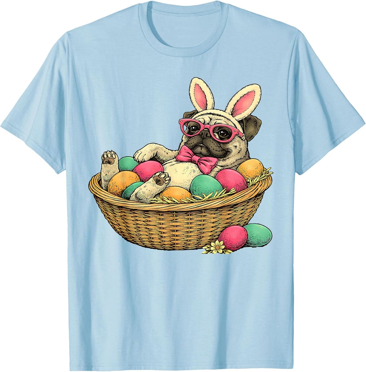 Pug Easter Bunny Ears and Basket T-Shirt