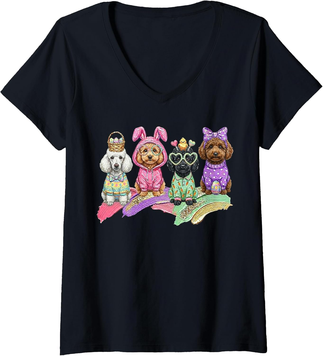 Women's Easter Day Poodle Dog Outfit Bunny Ears Egg Spring V-Neck T-Shirt