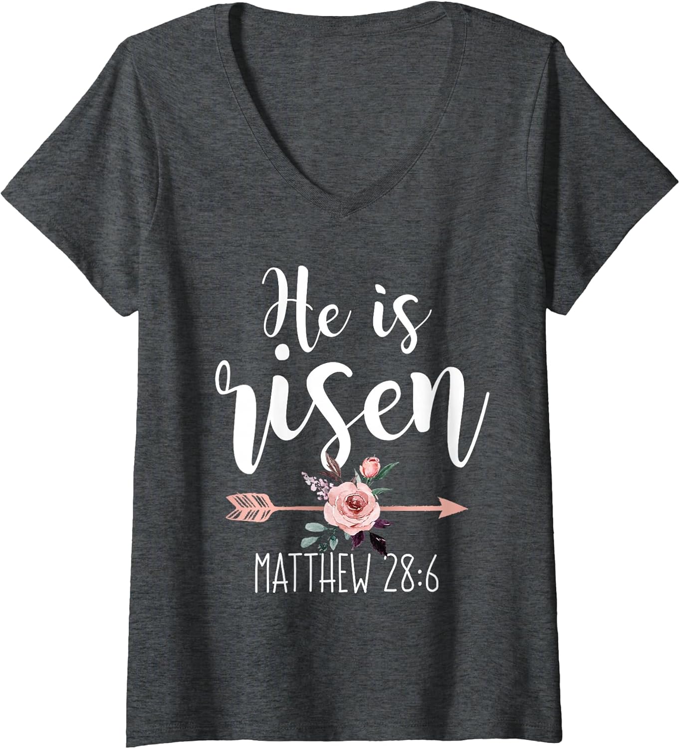 Womens He is Risen Floral Arrow Easter Christian Women Teen Girls V-Neck T-Shirt