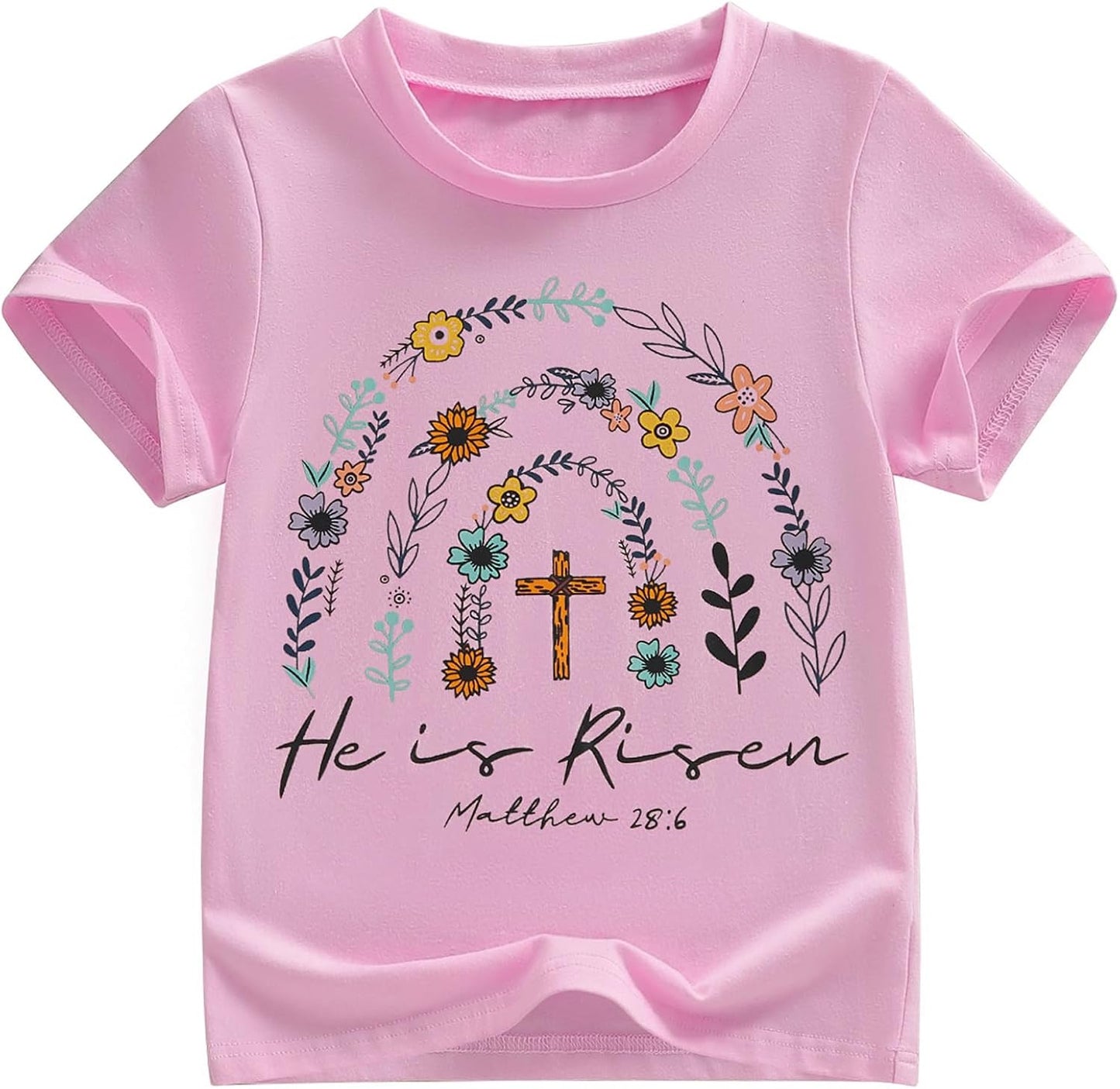 Kids Toddler Little Girls Easter Shirt He is Risen Bible Verse Christian Flowers Cross Religious T-Shirt