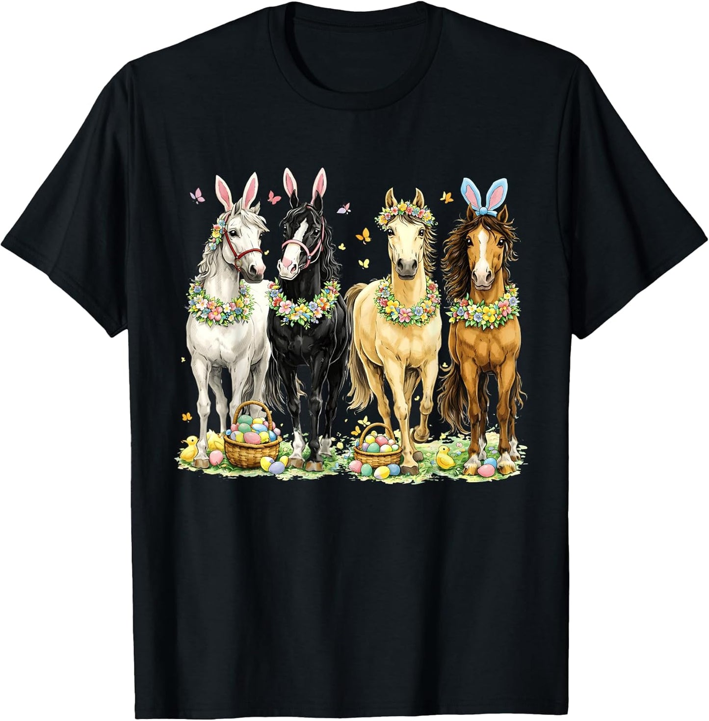 Cute Easter Horse Bunny Ears Eggs Spring Floral Girls Women T-Shirt