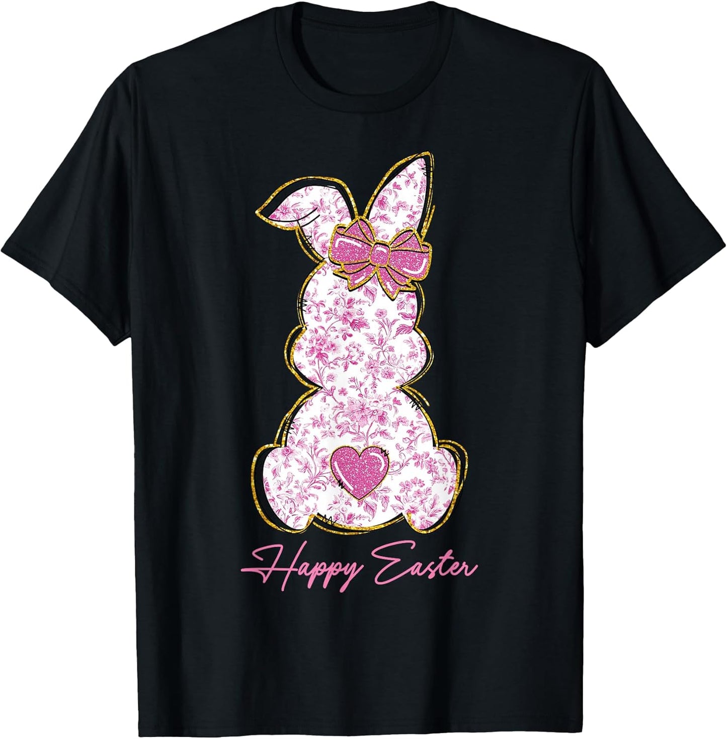 Happy Easter Bunny Girls Easter Women Pink Floral Coquette T-Shirt