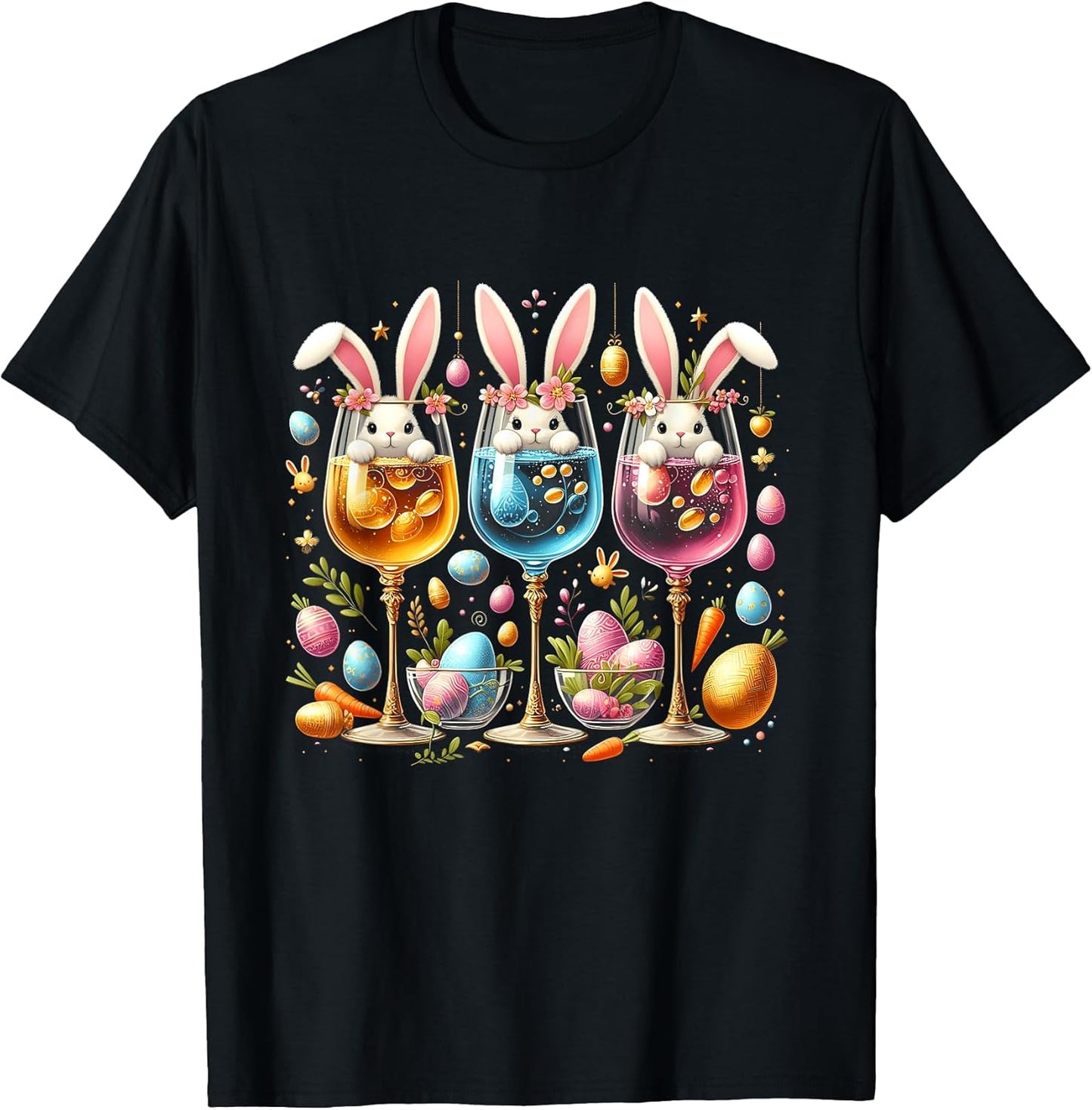 Funny Wine Glasses Bunny Ear With Egg Basket Spring Easter T-Shirt