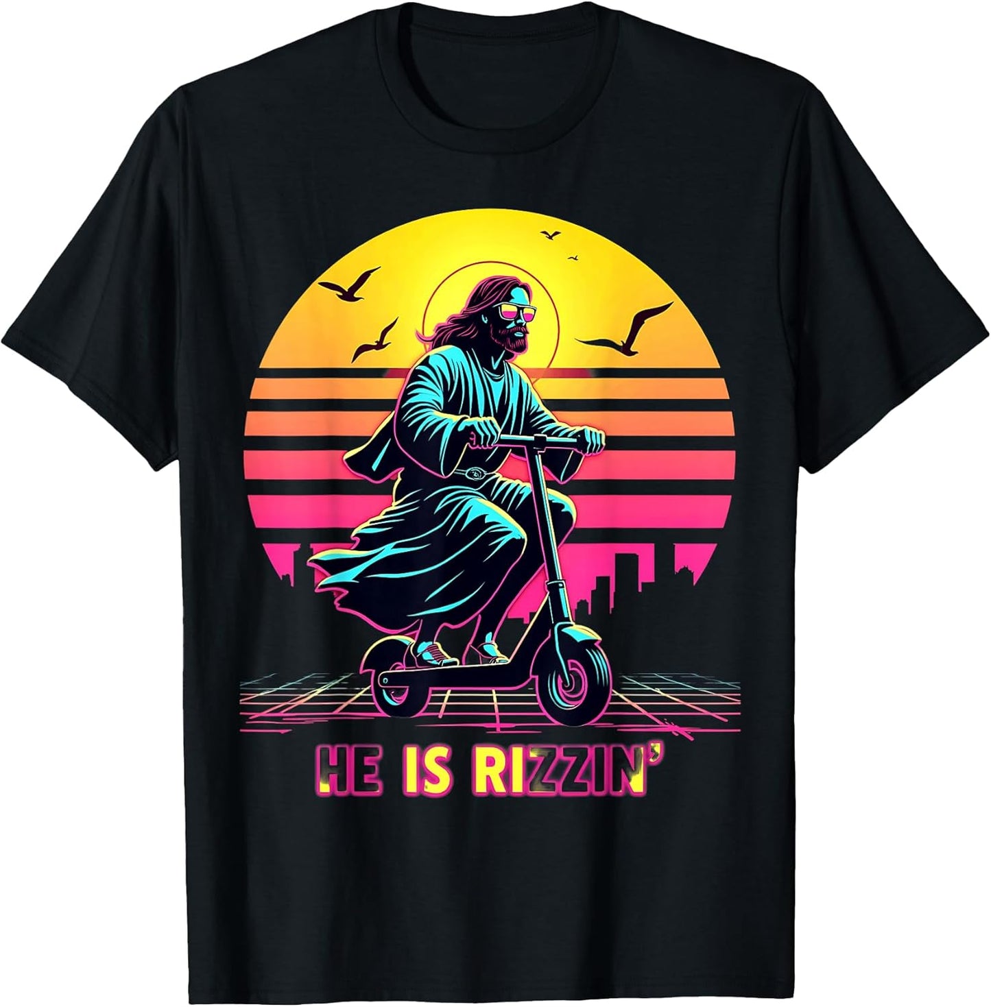 Retro He Is Rizzin Funny Scooter Has Rizzen Easter Christian T-Shirt