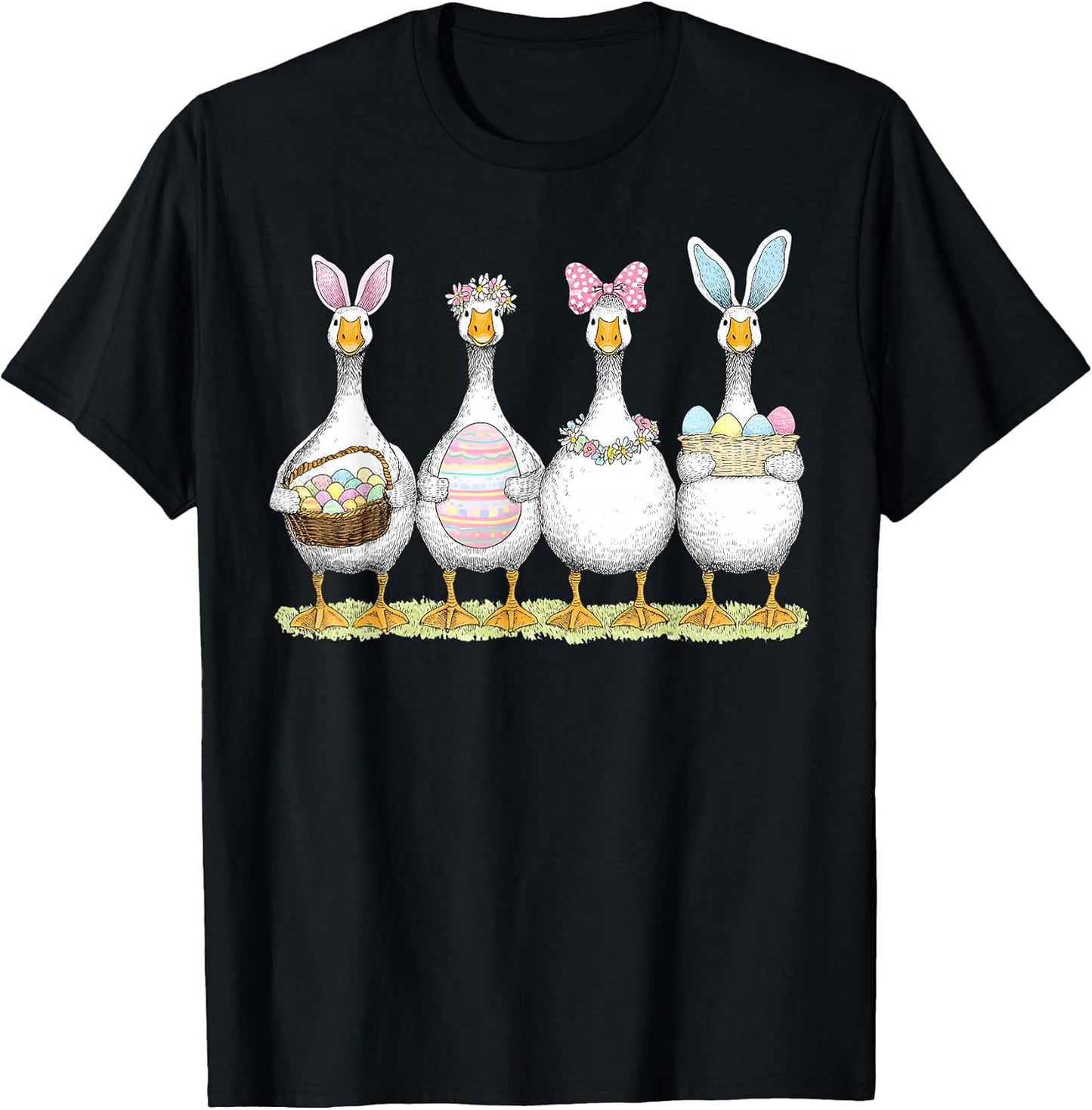 Happy Easter Cute Goose Bunny Ears Eggs Basket Girl Women T-Shirt