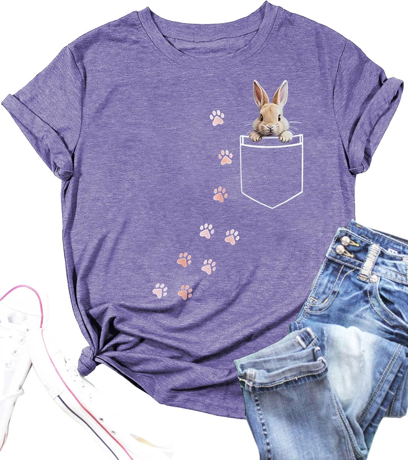 Spring Colorful Shirts for Women Cute Pocket Bunny Paw Graphic T-Shirts Funny Easter Casual Tops Tee