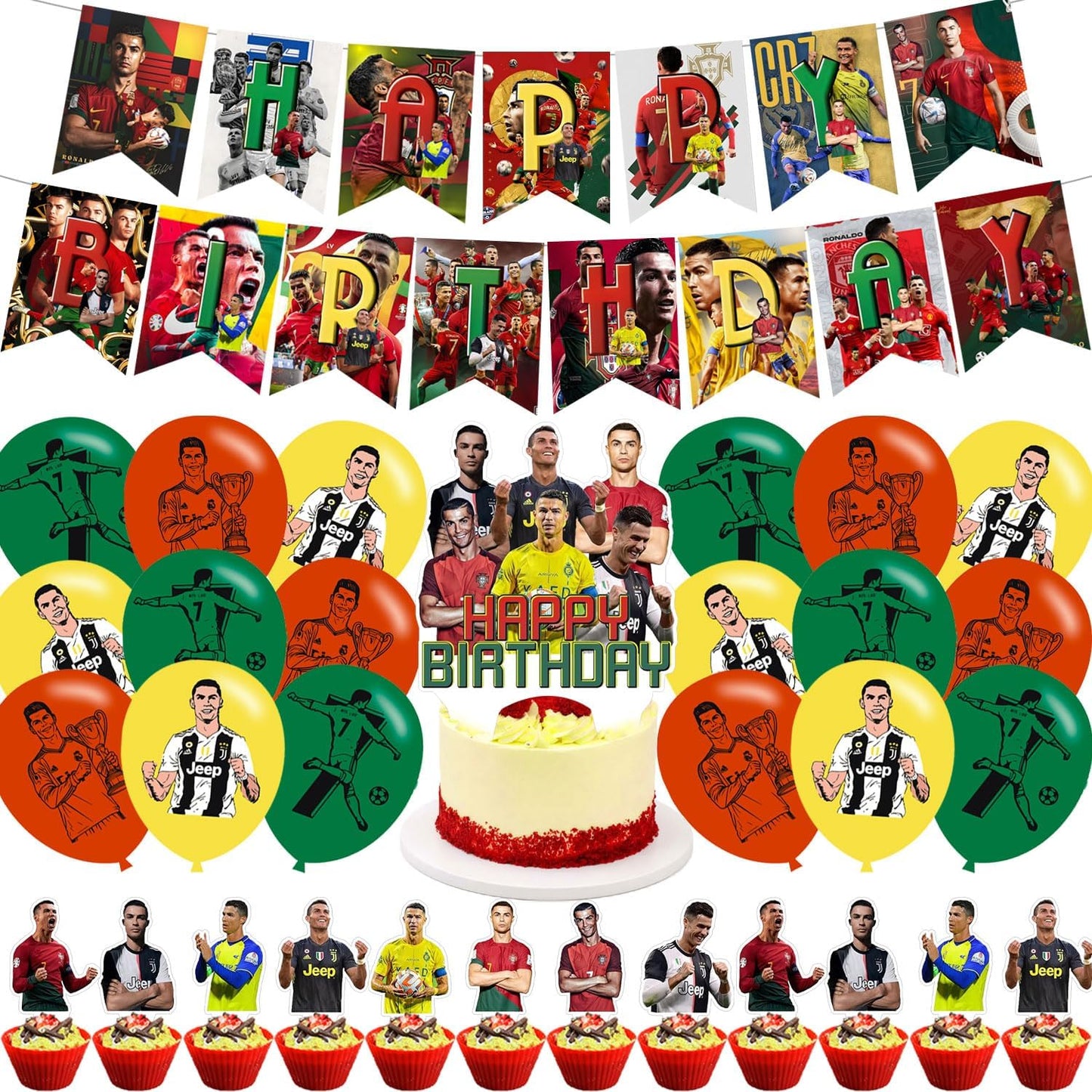 Ronaldo Soccer Party Decorations,Football Star Team Birthday Party Supplies For Soccer Party Supplies Includes Banner - Cake Topper - 24 Cupcake Toppers - 18 Balloons
