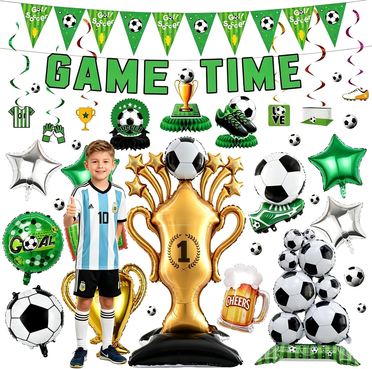 Soccer Party Decorations Kit - 23 Pcs: World Cup & Soccer Birthday Party Supplies with Balloons, Banner, Swirl Streamers & Honeycomb Balls - Table Centerpiece Set for Soccer Game Day Party Decorations