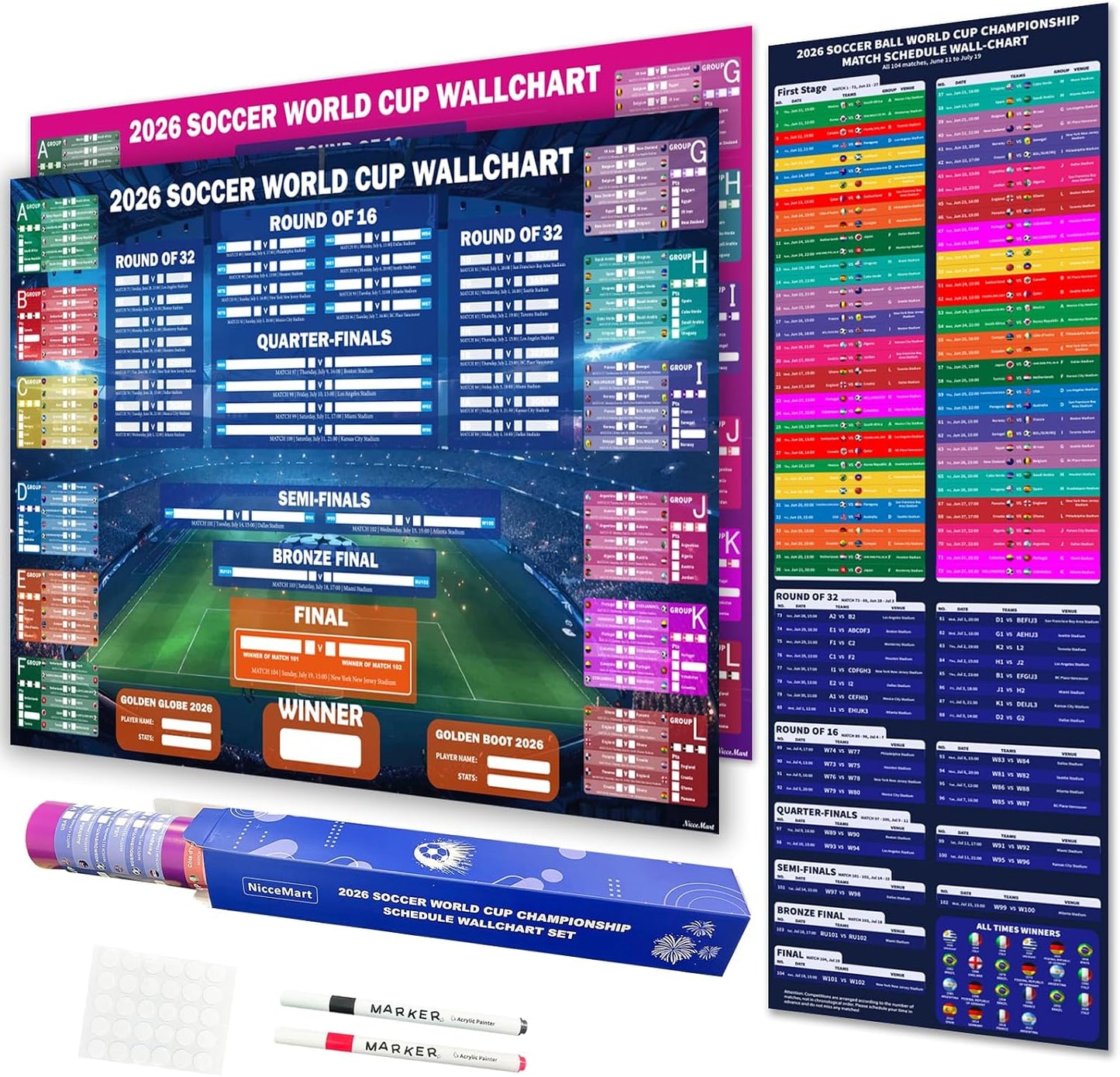 NicceMart World Cup Soccer Ball 2026 Tournament Wallchart Set, 39" x 26" 2 Design All Matches Poster and 39" x 13" Schedule Chart Double Side Printing No Crease for Soccer Party Bar Home Decorations
