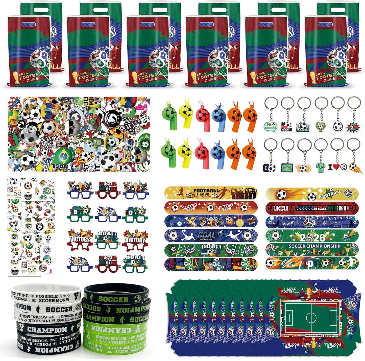 135 Pcs Soccer Party Favors for Boys, World Cup Soccer Football Birthday Supplies for 12 Guests with Gift Bags, Snack Boxes, Slap Bracelets, Tattoo Stickers, Whistles, Keychains and Pinata Fillers