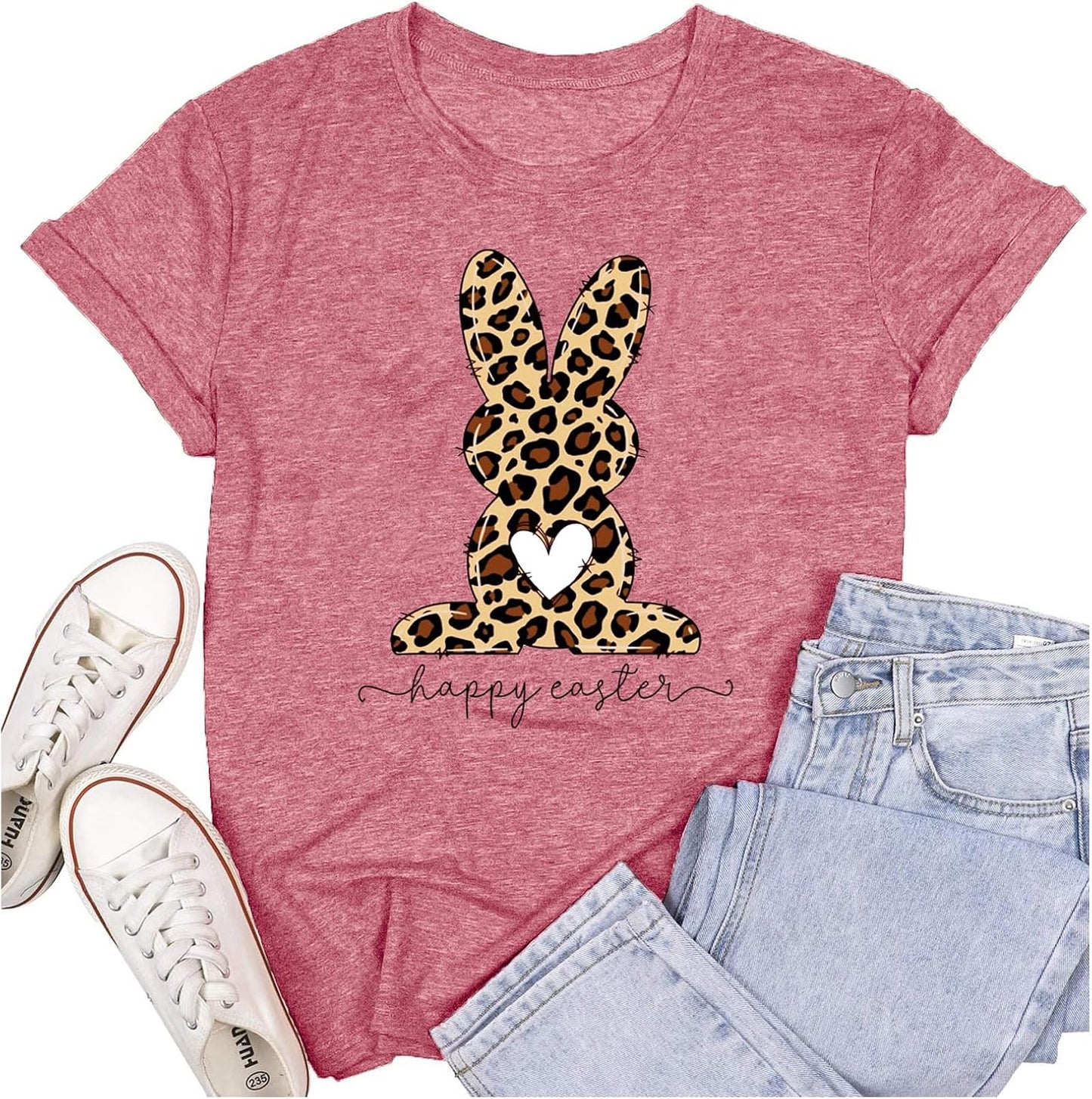 Easter Day Shirts for Women Leopard Bunny T-Shirt Spring Easter Tee Tops