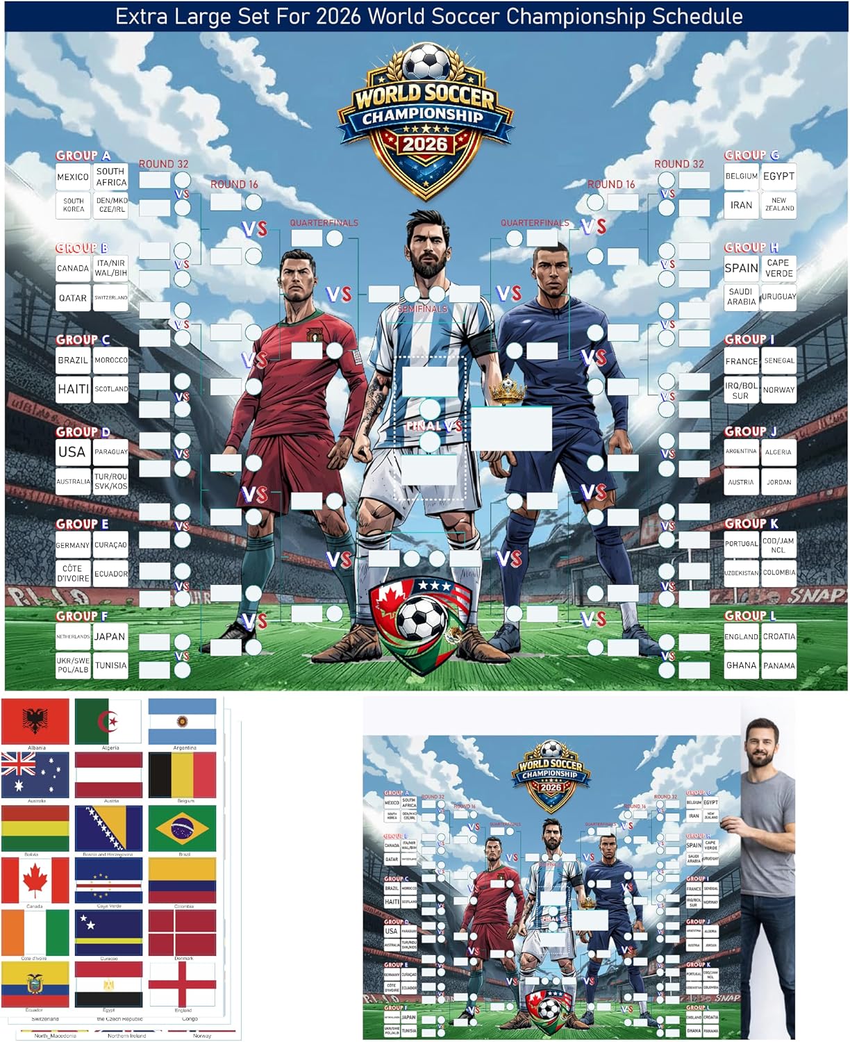 Mascotwish World Soccer Cup 2026 Schedule Poster Bracket – 5.2ft x 4.1ft Large Soccer Tournament Wall Chart with Flag Stickers, Vinyl Match Tracker for World Soccer Championship 2026 Party Decor