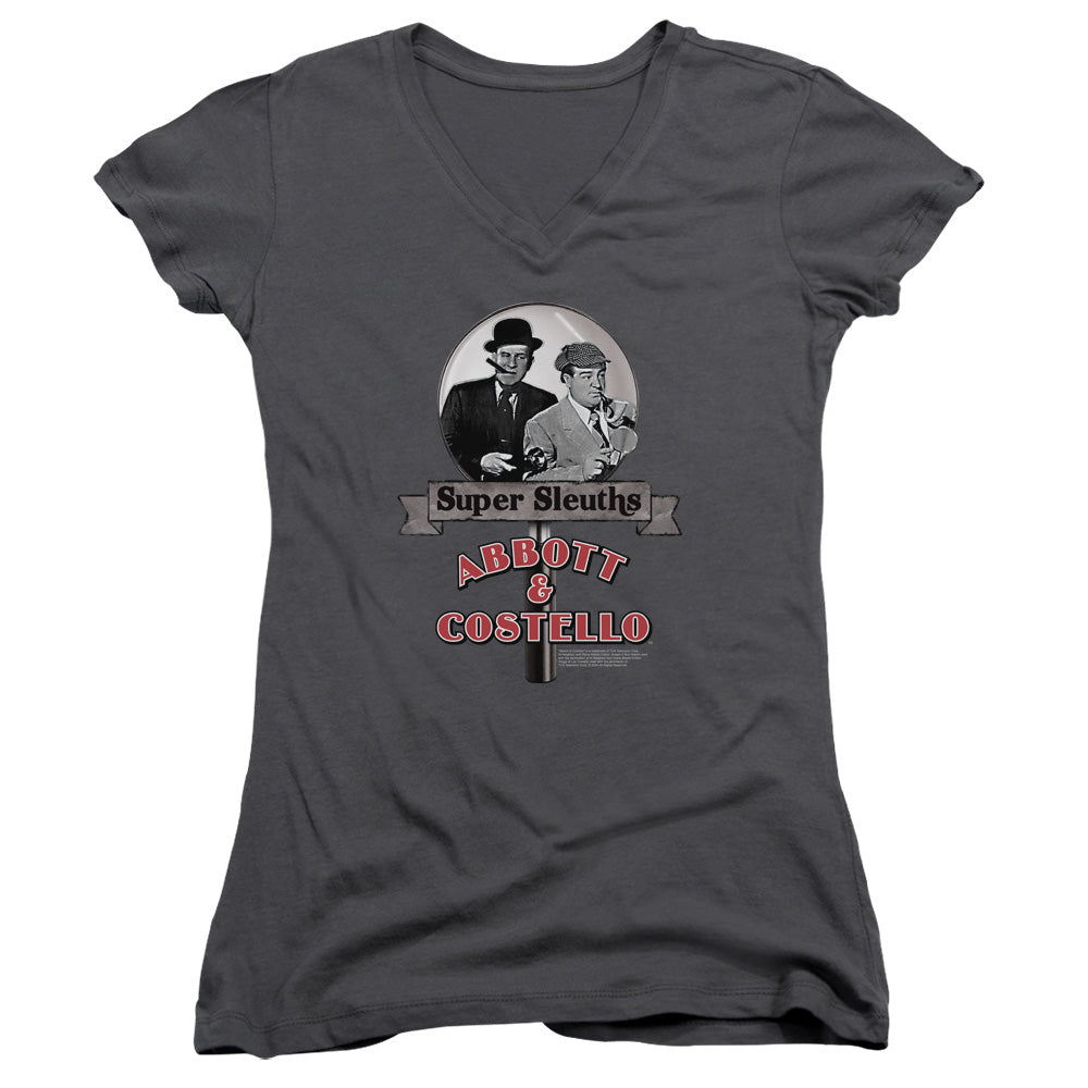 Abbott & Costello Super Sleuths Junior Sheer Cap Sleeve V-Neck Womens T Shirt Charcoal