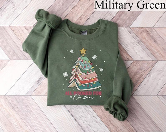 All Booked for Christmas Sweatshirt, Bookworm Christmas Hoodie, Christmas Gift for Teacher, Christmas Book Tree Hoodie, Gift for Librarian