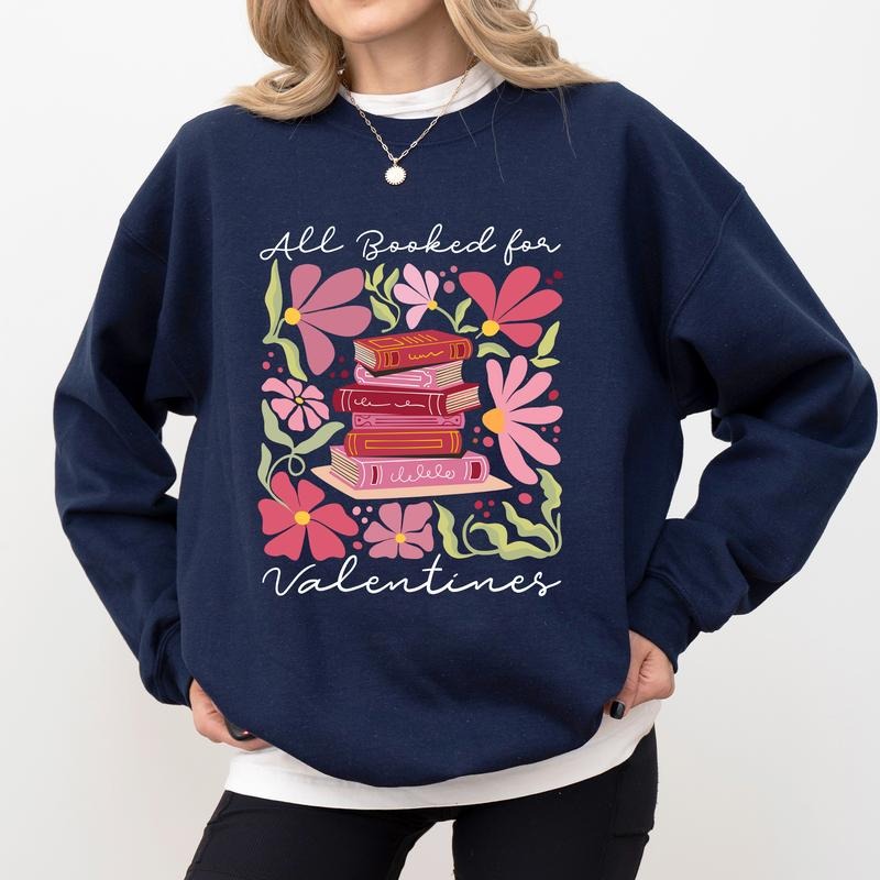 All Booked for Valentines Sweatshirt, Boho Valentine Flower Bookish Crewneck, Retro Book Lovers Long Sleeved Pullover, Valentines Gift For Teacher