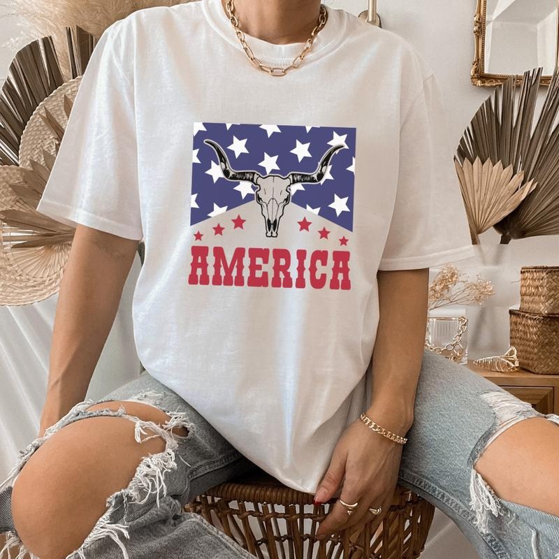America Flag Bull Skull T-Shirts, Western Bull Skull Tee, American Flag Gift for Cowboy, Fourth Of July Shirt, Trendy July 4th Outfits, Cowgirl USA Flag Shirt