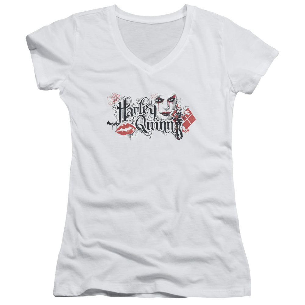 Batman Arkham Knight Lips Junior Sheer Cap Sleeve V Neck Womens T Shirt White