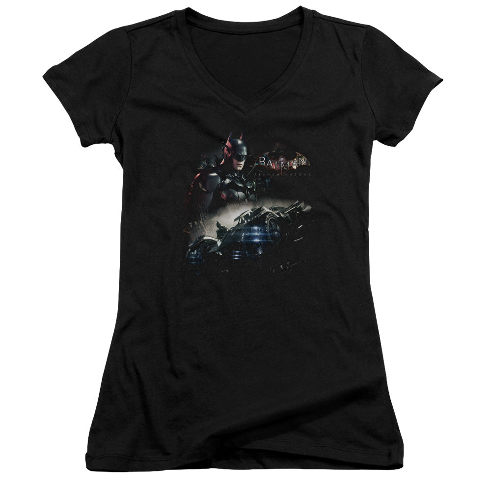 Batman Arkham Knight Knight Rider Junior Sheer Cap Sleeve V Neck Womens T Shirt Black