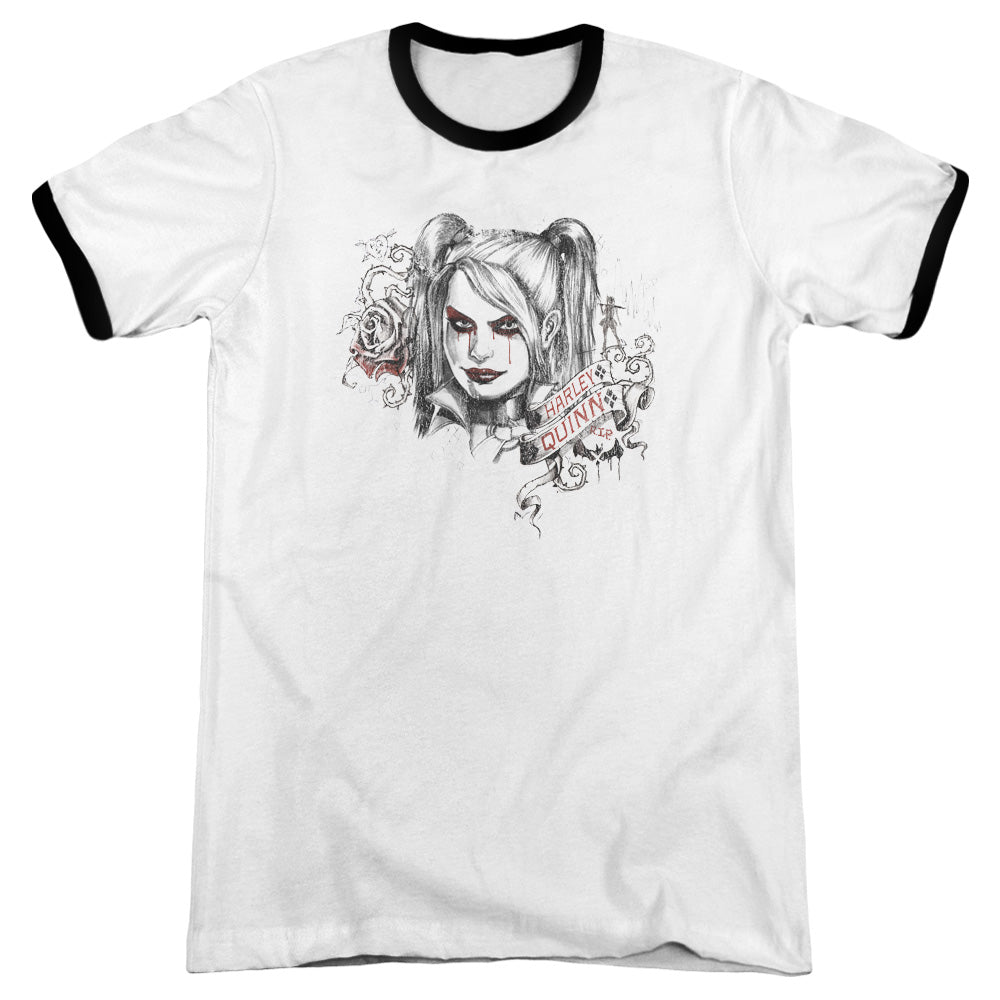 Batman Arkham Knight Sketchy Girl Heather Ringer Mens T Shirt White Black