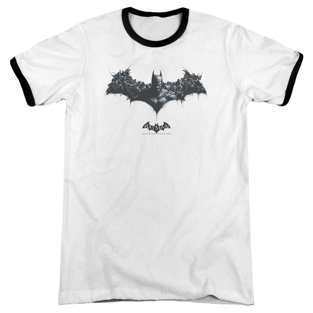 Batman Arkham Origins Bat Of Enemies Heather Ringer Mens T Shirt White Black