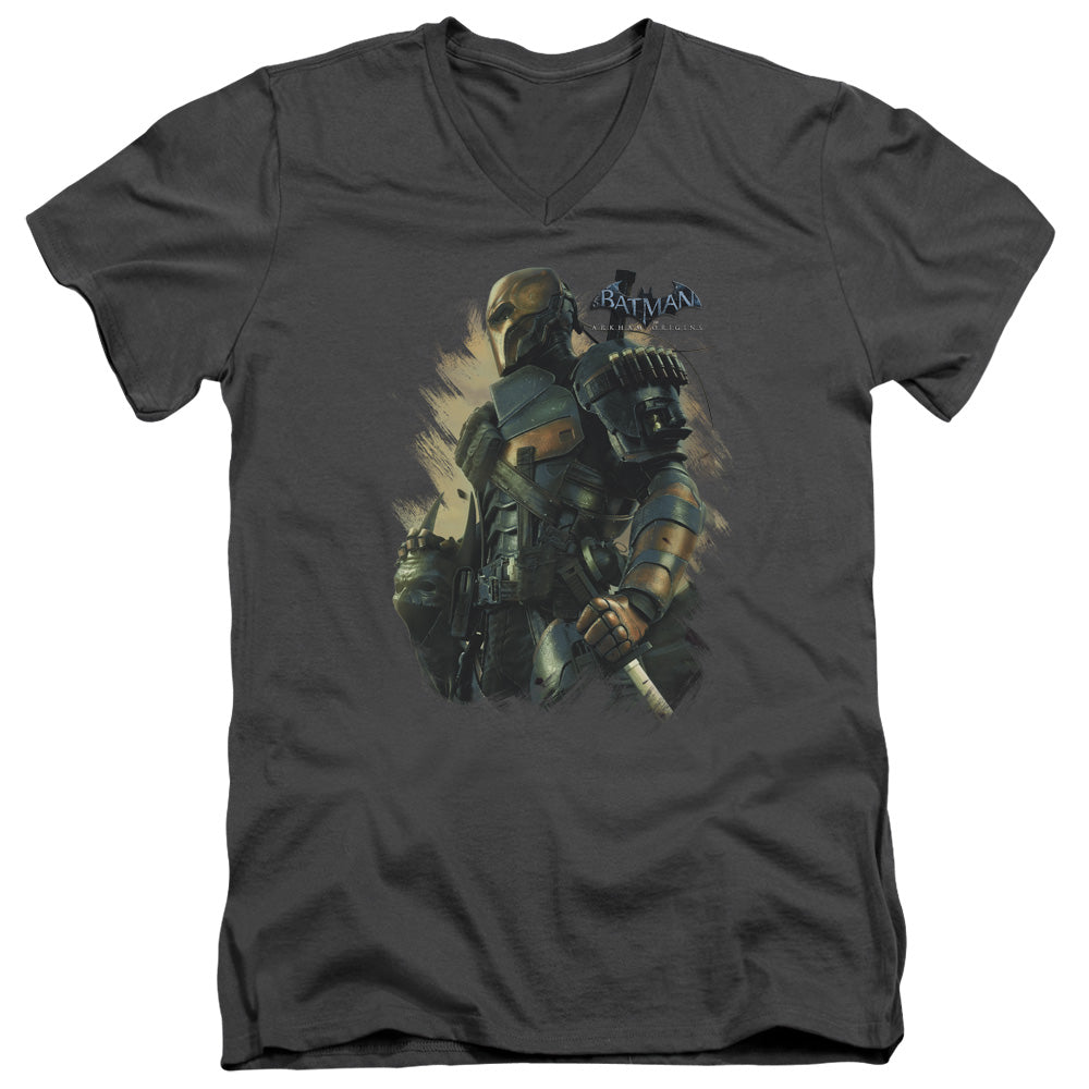 Batman Arkham Origins Deathstroke Mens Slim Fit V Neck T Shirt Charcoal