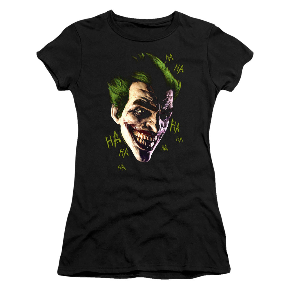 Batman Arkham Origins Joker Grim Junior Sheer Cap Sleeve Womens T Shirt Black