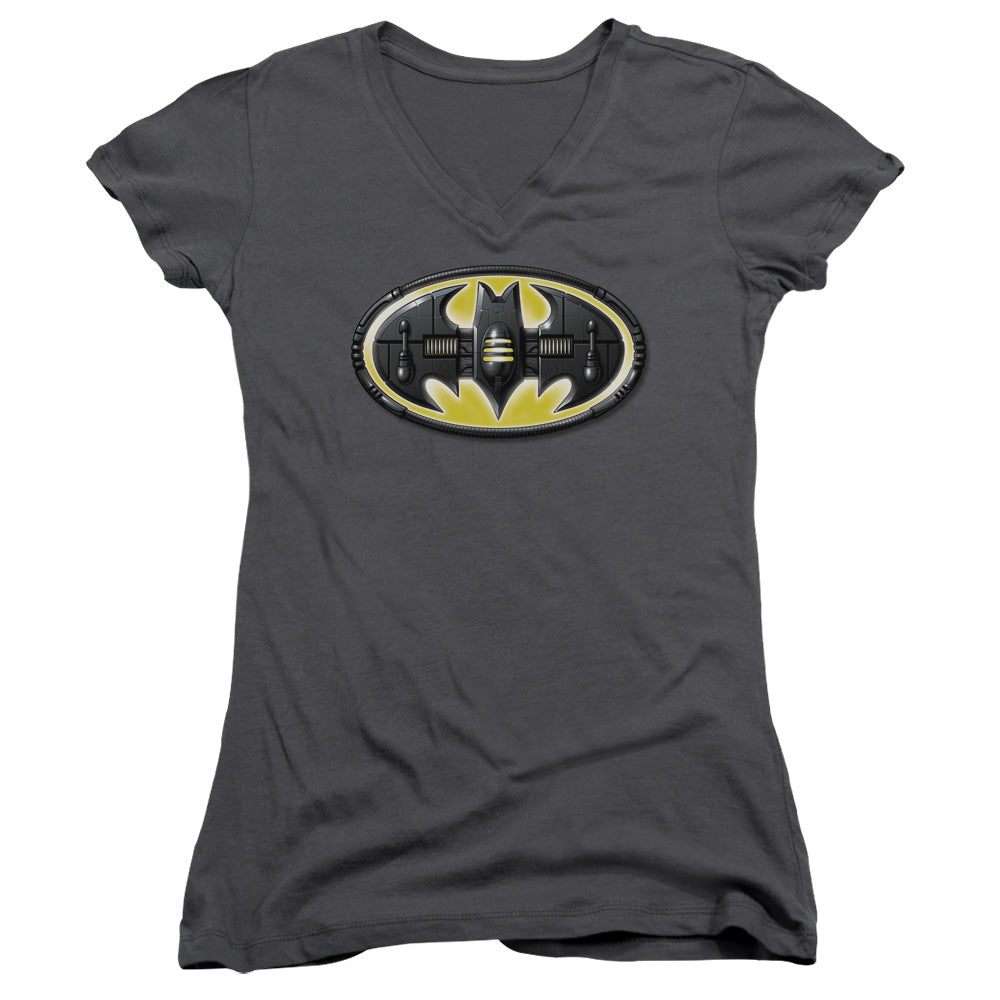 Batman Bat Mech Logo Junior Sheer Cap Sleeve V Neck Womens T Shirt Charcoal