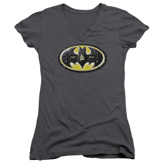 Batman Bat Mech Logo Junior Sheer Cap Sleeve V Neck Womens T Shirt Charcoal